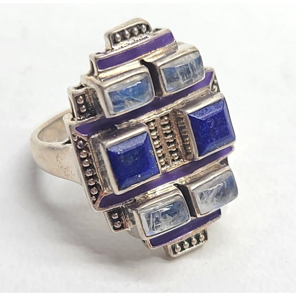 Nicky Butler sterling 925 lapis lazuli moonstone geometric ring purple enamel, 7